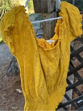 Paper & Tee Women's Mustard Eyelet Ruffle Sleeve Top